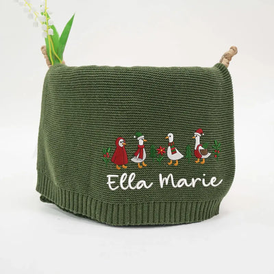 Embroidered Christmas Goose Baby Blanket in Forest Green