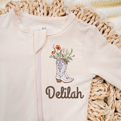 Embroidered Cowgirl Baby Pjs in Natural