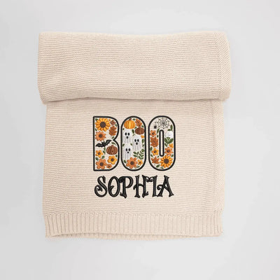 Embroidered Halloween BOO Baby Floral Custom Name Baby Blanket in Beige