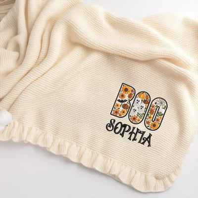 Embroidered Halloween BOO Baby Floral Custom Name Baby Blanket in Beige 2