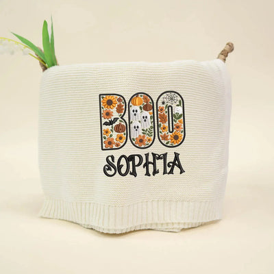 Embroidered Halloween BOO Baby Floral Custom Name Baby Blanket in Cream