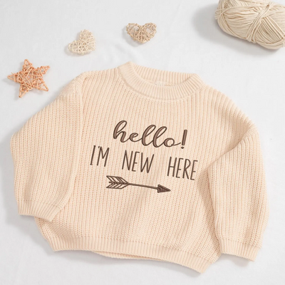 Embroidered Hello I_m New Here Baby Sweater in Cream