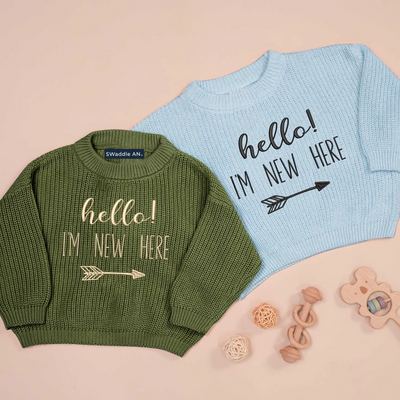 Embroidered Hello I_m New Here Baby Sweater in Forest Green and Baby Blue