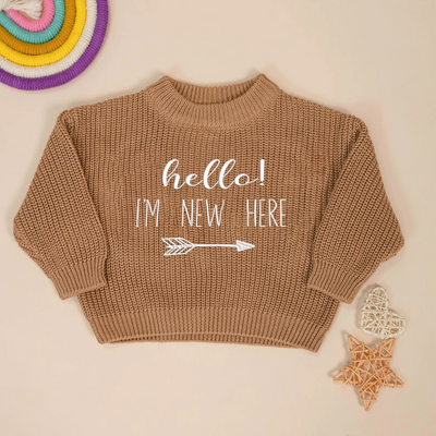 Embroidered Hello I_m New Here Baby Sweater in Mocha