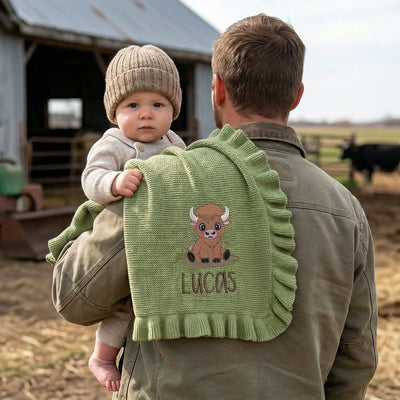 Embroidered Highland Cow Knit Baby Blanket