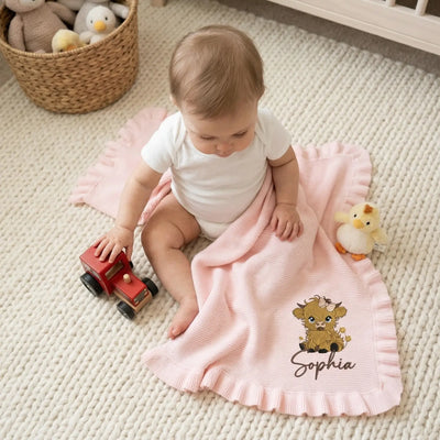 Embroidered Highland Cow Knit Baby Blanket