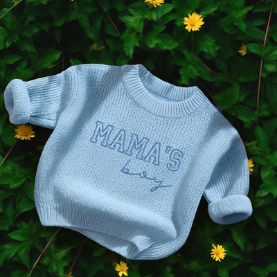 Embroidered Mama_s Boy Knit Baby Sweater in Baby Blue