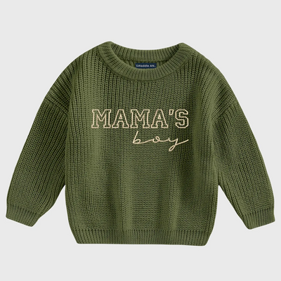 Embroidered Mama's Boy Knit Baby Sweater in Forest Green