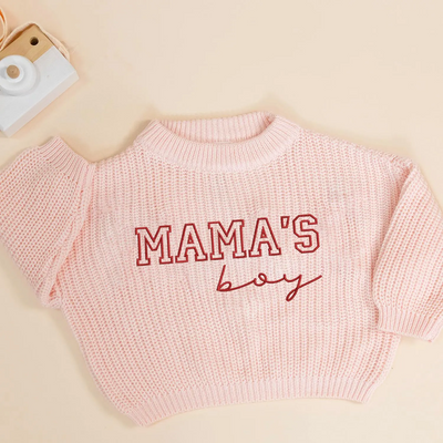Embroidered Mama's Boy Knit Baby Sweater in Pink