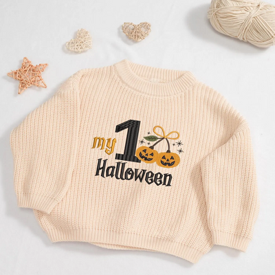 Embroidered My First Halloween Baby Sweater in Cream