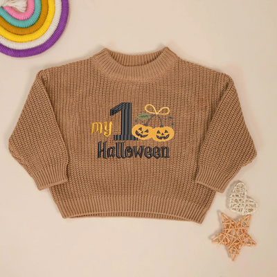 Embroidered My First Halloween Baby Sweater in Mocha