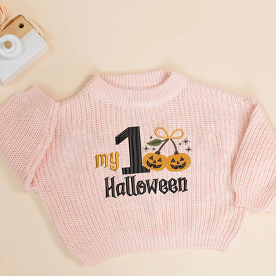 Embroidered My First Halloween Baby Sweater in Pink