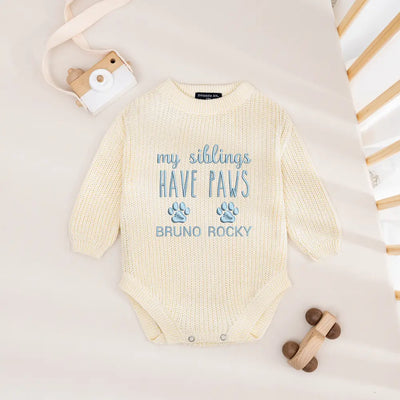 Embroidered 'My Siblings have PAWS' Baby Romper