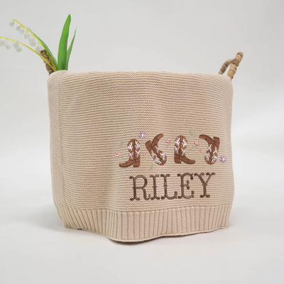 Embroidered Western Cowgirl Boots Baby Girl Blanket in Beige