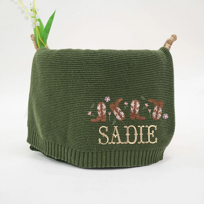 Embroidered Western Cowgirl Boots Baby Girl Blanket in Forest Green
