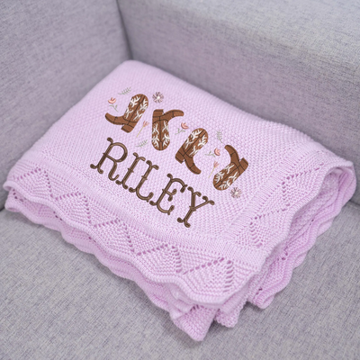 Embroidered Western Cowgirl Boots Baby Girl Blanket in Lilac