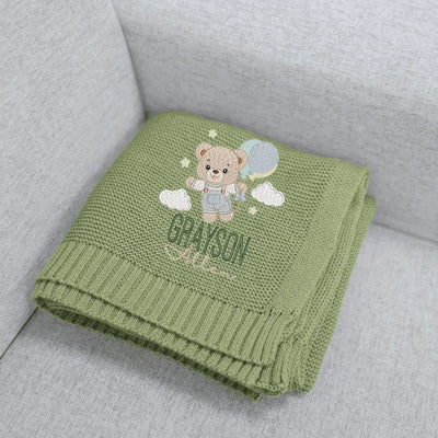 Personalized Teddy Bear Baby Blanket is more than a cozy layer; it’s a dreamy sky scene, where a sweet bear and your baby’s name float among the clouds, ready to drift off to sleep together.