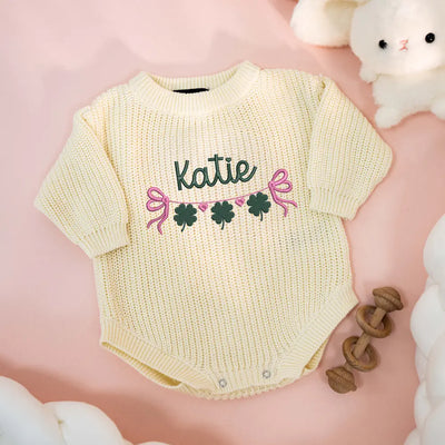 Embroidery Clover Hearts Bow Knit Baby Romper