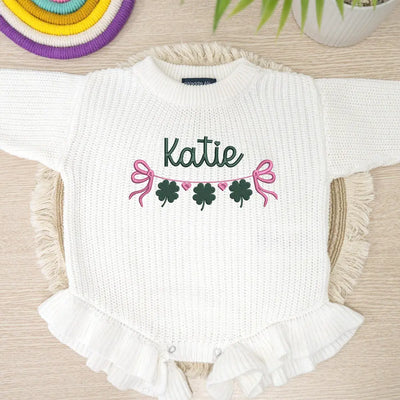 Embroidery Clover Hearts Bow Knit Baby Romper