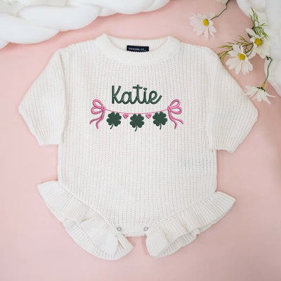 Embroidery Clover Hearts Bow Knit Baby Romper