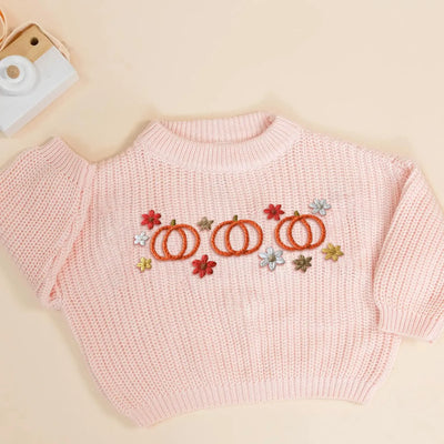 Fall Pumpkin Hand Embroidery Baby Knit Sweater