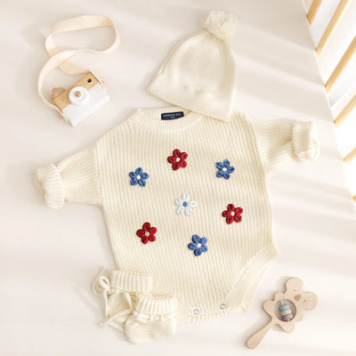 Floral Hand-Embroidered Patriotic Baby Romper