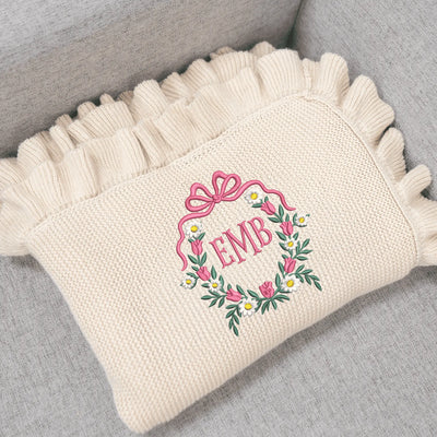 Floral Bow Wreath Embroidery Monogram Frame Baby Blanket
