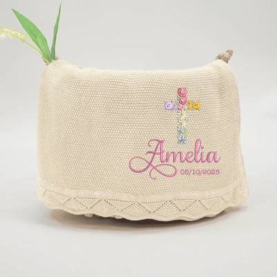 Personalized Floral Cross Baptism Embroidery Baby Knit Blanket