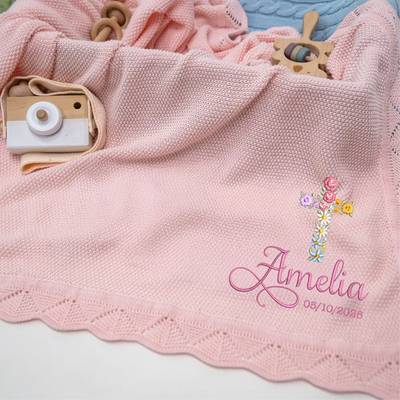 Personalized Floral Cross Baptism Embroidery Baby Knit Blanket