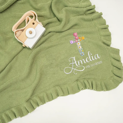 Personalized Floral Cross Baptism Embroidery Baby Knit Blanket