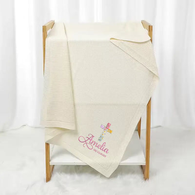 Personalized Floral Cross Baptism Embroidery Baby Knit Blanket