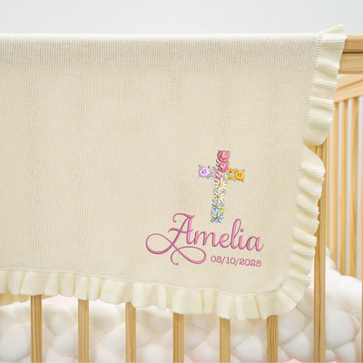 Personalized Floral Cross Baptism Embroidery Baby Knit Blanket