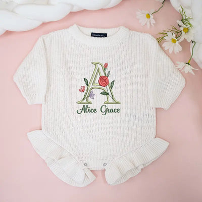 Floral Custom Initial Embroidery Romper