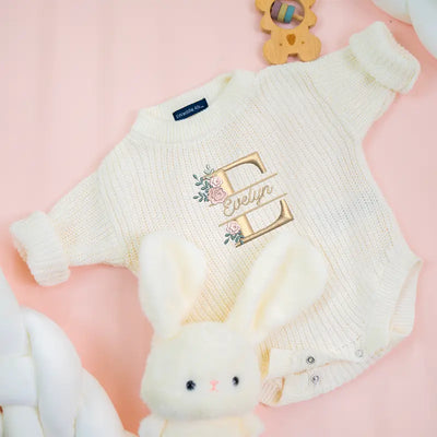 Floral Embroidery Initial Baby Romper - SwaddleAn