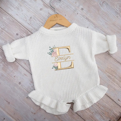 Floral Embroidery Initial Baby Romper - SwaddleAn