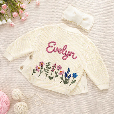 Floral Hand-Embroidered Baby Name Cardigan
