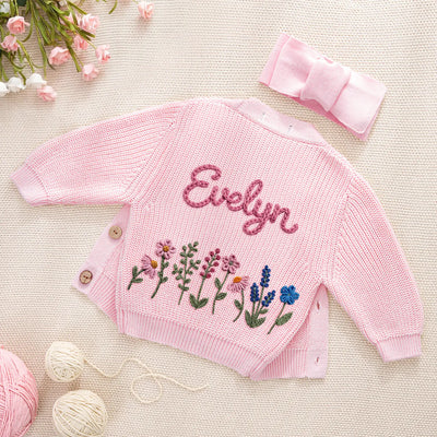 Floral Hand-Embroidered Baby Name Cardigan