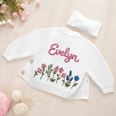 Floral Hand-Embroidered Baby Name Cardigan