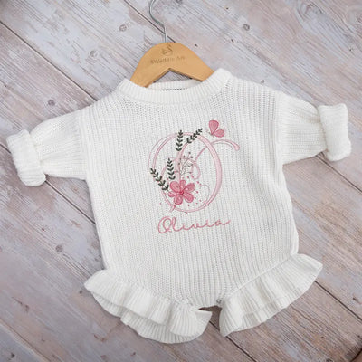 Floral Monogram Embroidery Baby Romper - SwaddleAn