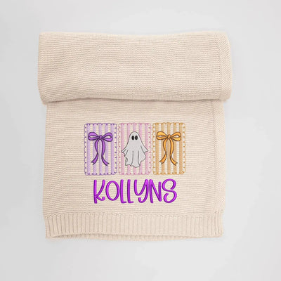 Halloween Bow Ghost with Baby Name Embroidery Blanket SwaddleAn