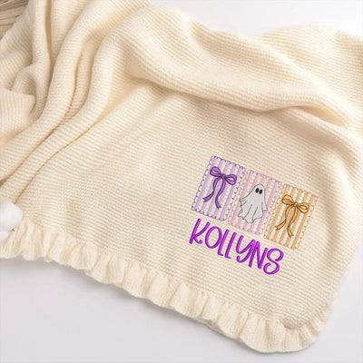 Halloween Bow Ghost with Baby Name Embroidery Blanket SwaddleAn