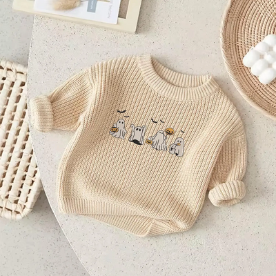Halloween Cute Ghost Embroidered Baby Sweater in Cream