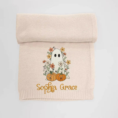 Halloween Floral Ghost with Baby Name Embroidery Blanket SwaddleAn
