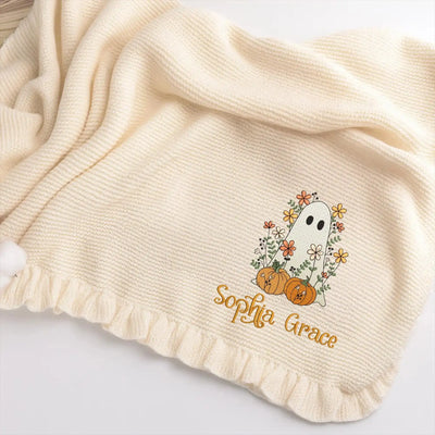 Halloween Floral Ghost with Baby Name Embroidery Blanket SwaddleAn