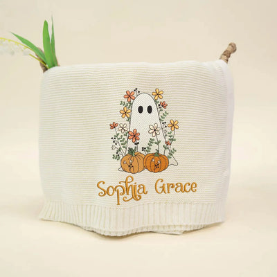 Halloween Floral Ghost with Baby Name Embroidery Blanket SwaddleAn