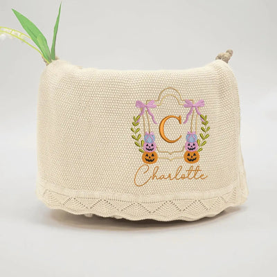 Halloween Monogram Frame Embroidery Baby Name Blanket in Beige