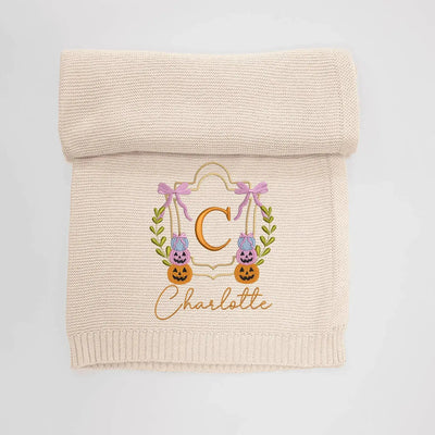 Halloween Monogram Frame Embroidery Baby Name Blanket in Beige 3