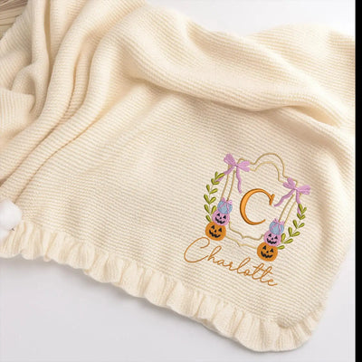 Halloween Monogram Frame Embroidery Baby Name Blanket in Beige 4