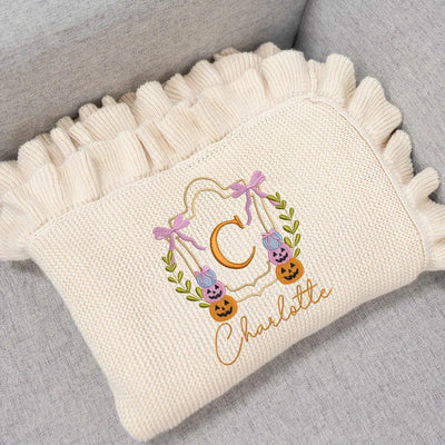 Halloween Monogram Frame Embroidery Baby Name Blanket in Beige 5