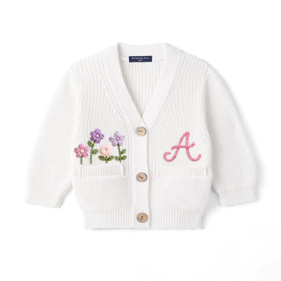 Hand-Embroidered Initial Floral Baby Cardigan